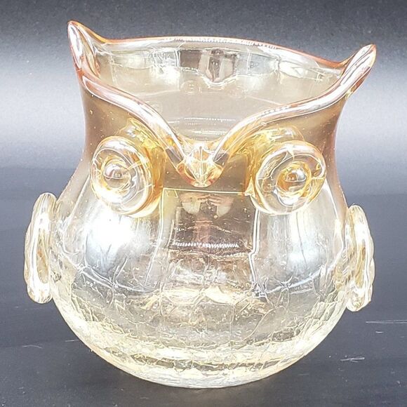 Amber Clear Owl Shaped Crackle Glass Votive Candle Holder - Picture 1 of 9